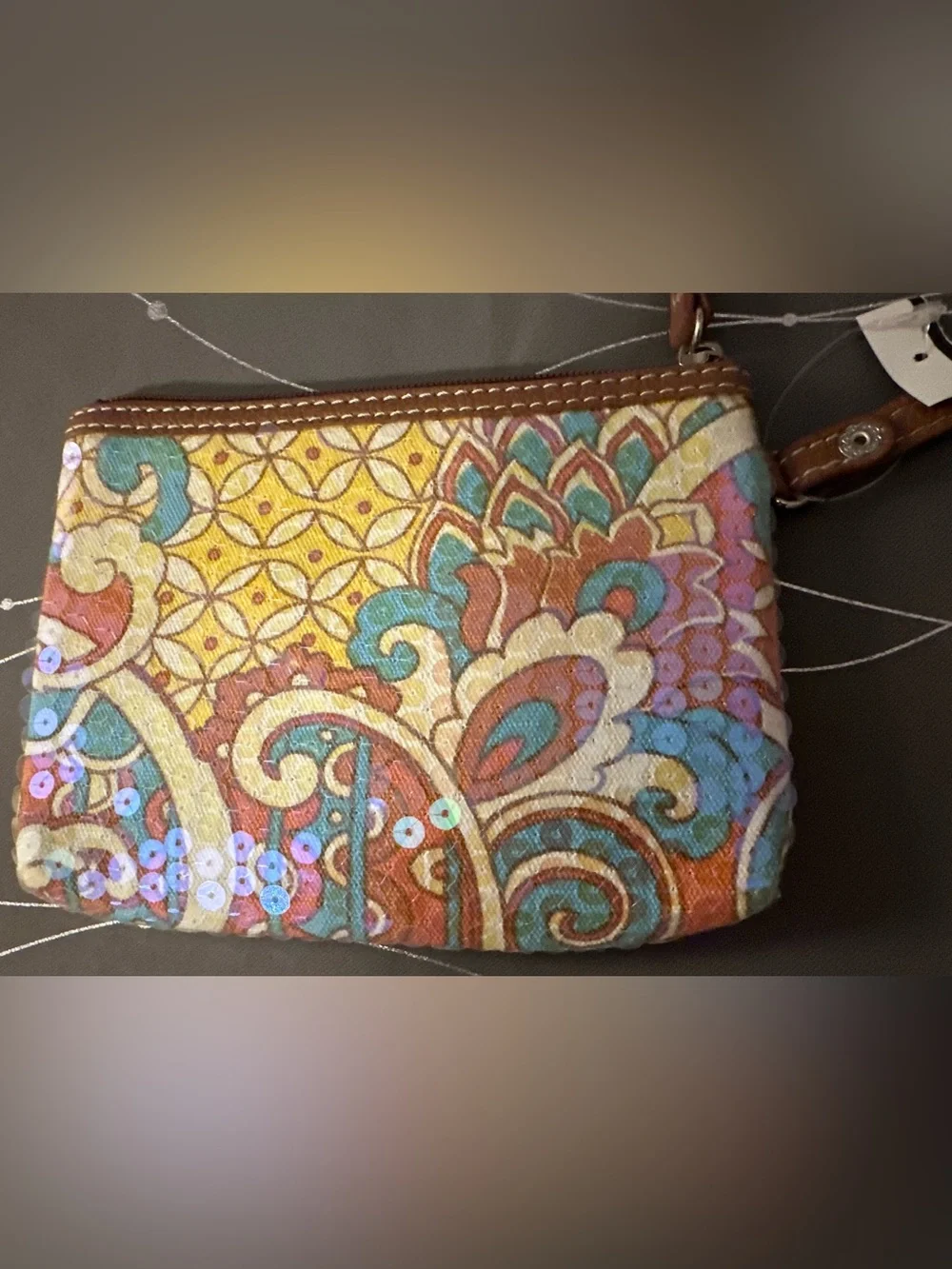 Nine West Brown Leather-Trim Wristlet Multicolor with Iridescent Sequins